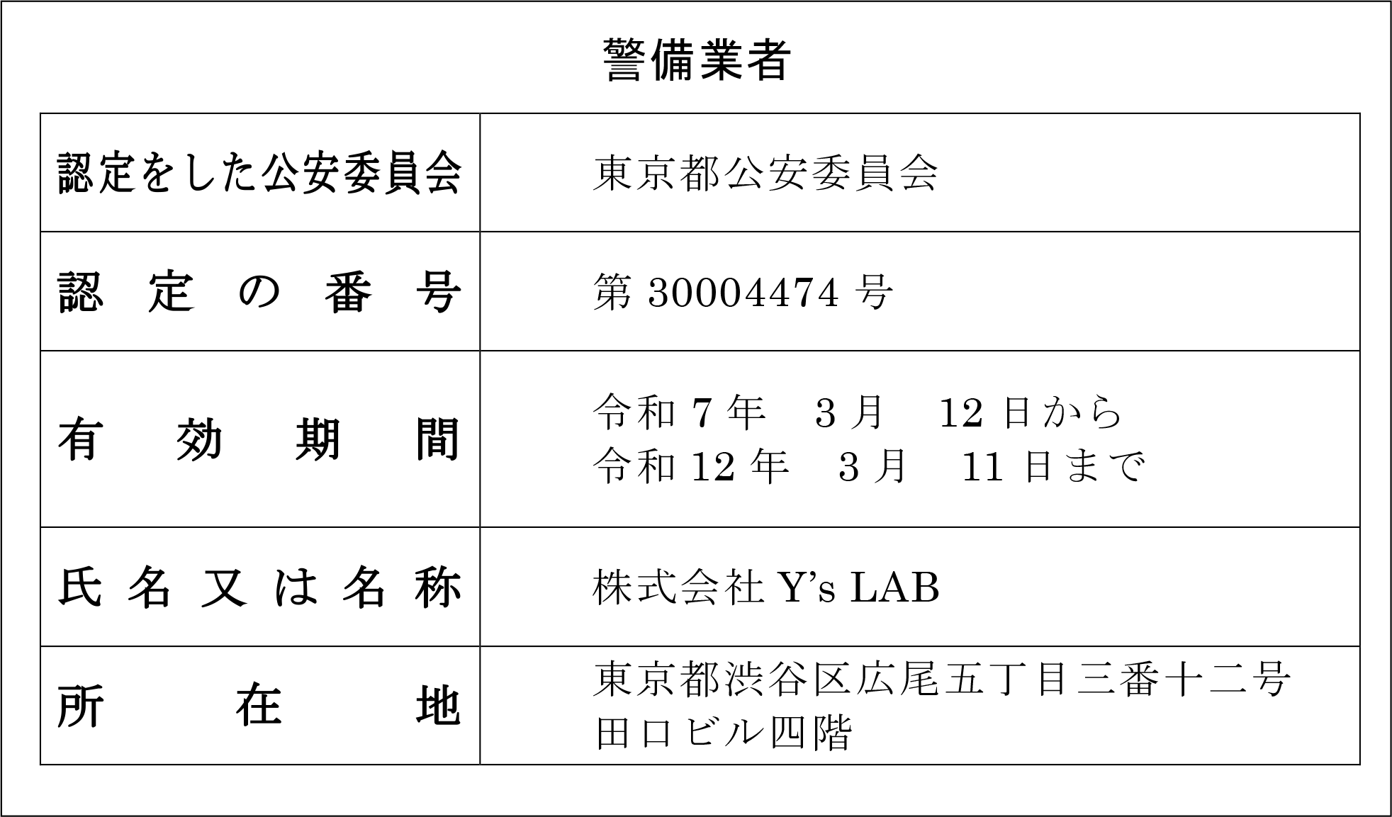 警備業認定証（東京都公安委員会認定 第30004474号）